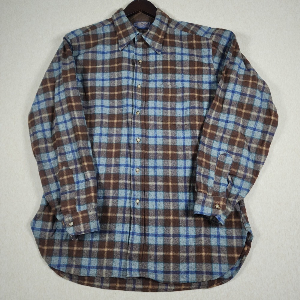 Pendleton Pure Virgin Wool Flannel Button Up Shirt Large Blue Brown Plaid USA